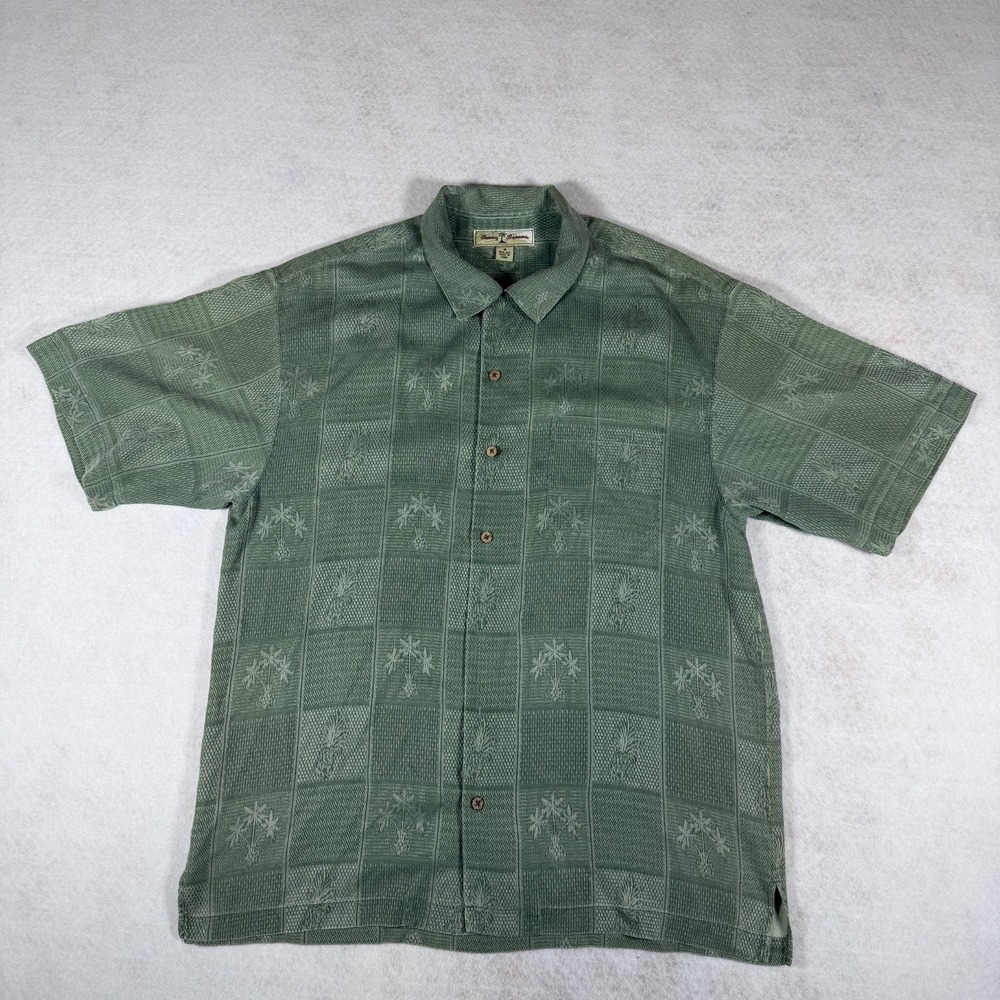 Tommy‎ Bahama Men's XL Green Palm Tree Block Print 100% Silk Camp Shirt